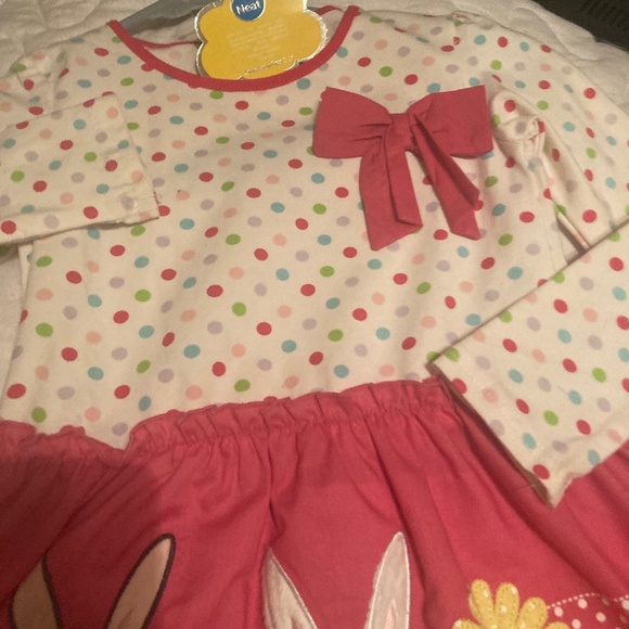 Girls Polka Dot Flower Rabbit Bunny Pink White Dres Bow Embroidered 5 6 Small - Picture 8 of 9